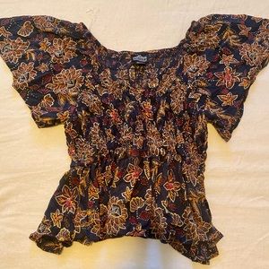 Angie Tops navy floral peplum flutter sleeve top